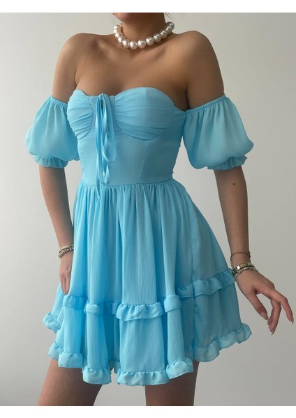 Leydi Düşük Kol Şifon Mini Gloplu Elbise fırsatları