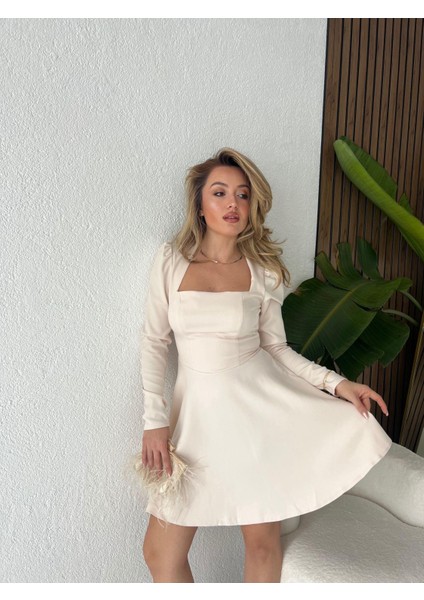 Nastya Kare Yaka Mini Ten Rengi Elbise