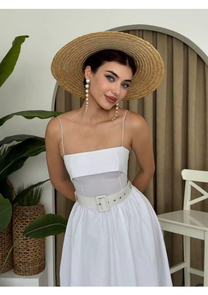 Poplin Kemerli Askılı Elbise
