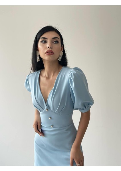 Linda Önü Düğmeli Midi Elbise