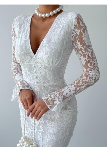 Elegance Beyaz Dantel Midi Elbise