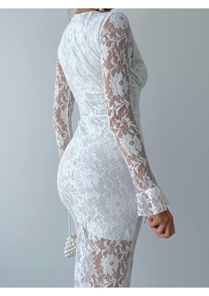Elegance Beyaz Dantel Midi Elbise