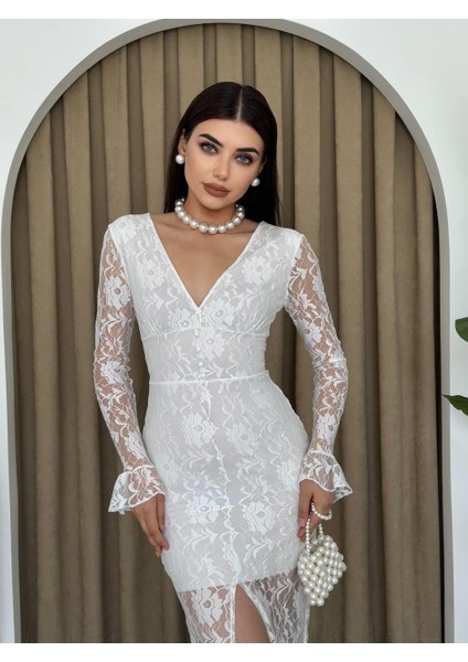Elegance Beyaz Dantel Midi Elbise