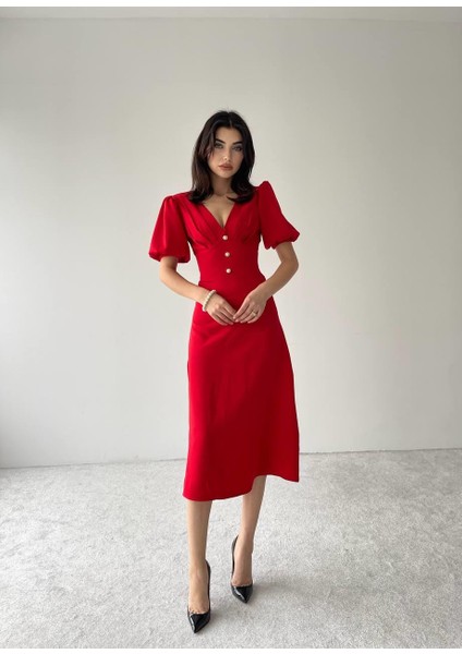 Linda Önü Düğmeli Midi Elbise