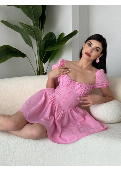 Poplin Mini Düğmeli Elbise