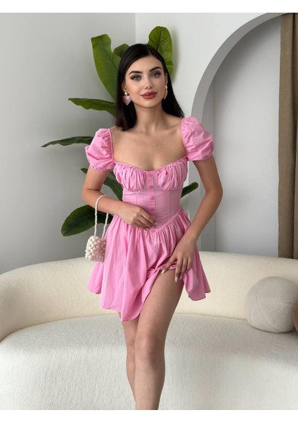 Poplin Mini Düğmeli Elbise