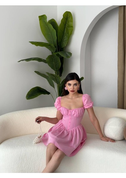 Poplin Mini Düğmeli Elbise