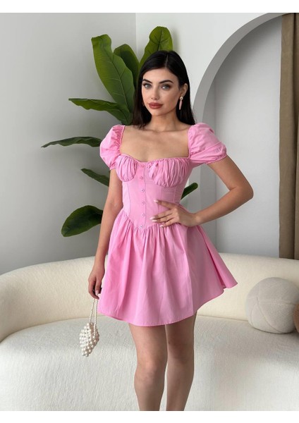 Poplin Mini Düğmeli Elbise