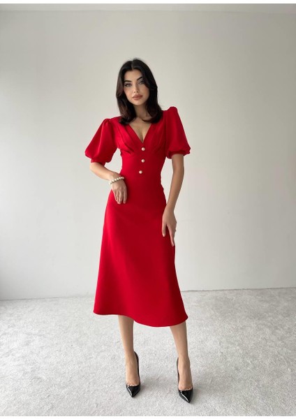 Linda Önü Düğmeli Midi Elbise fiyatları