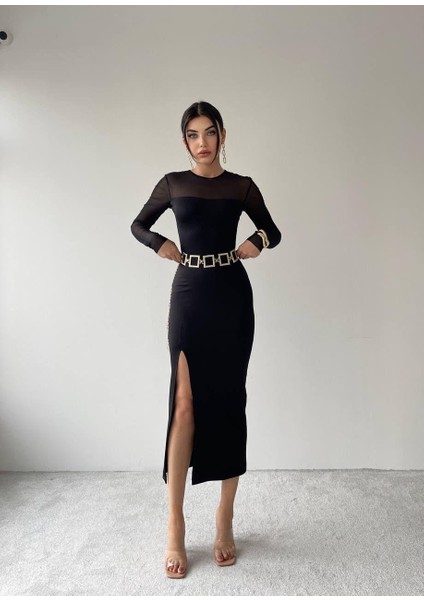 Selin Midi Siyah Tül Detay Yırtmaçlı Elbise