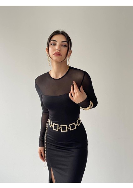 Selin Midi Siyah Tül Detay Yırtmaçlı Elbise