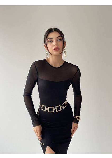 Selin Midi Siyah Tül Detay Yırtmaçlı Elbise