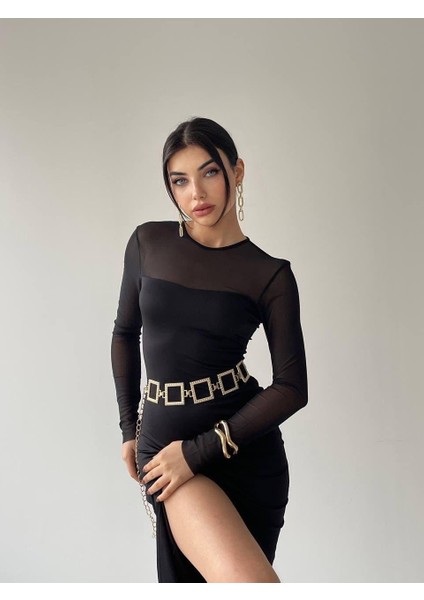 Selin Midi Siyah Tül Detay Yırtmaçlı Elbise