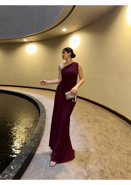 Adel Tek Omuz Uzun Şık Elbise Bordo fırsatları