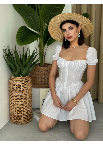 Poplin Mini Düğmeli Elbise