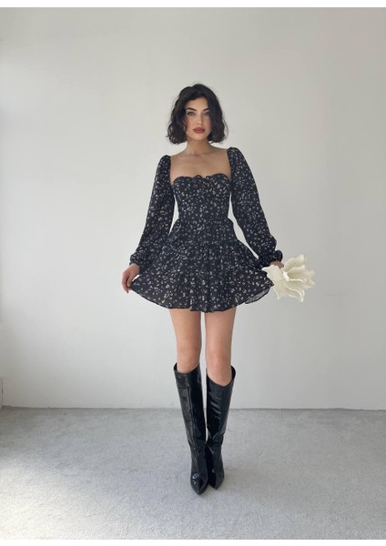 Ayel Mini Korse Detay Çiçekli Siyah Elbise