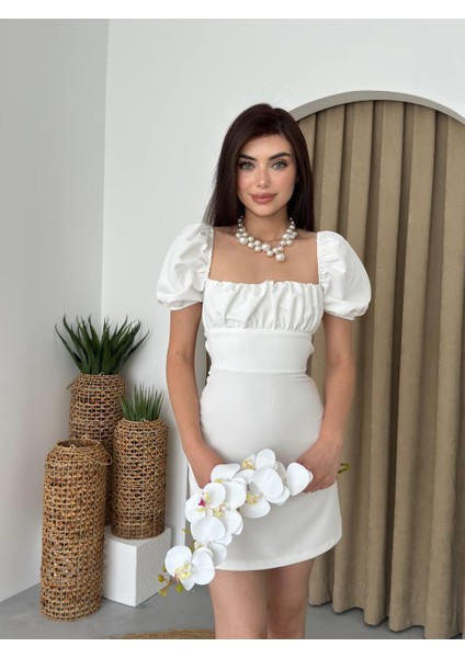 Sırt Dekolteli Mini Karpuz Kol Elbise