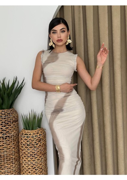 Caramel Streç Midi Elbise