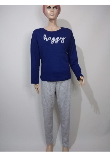 Kadın Lacivert Yuvarlak Yaka Oval Etek Düşük Uzun Kol Pamuklu Pijama Takımı