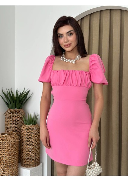 Sırt Dekolteli Mini Karpuz Kol Elbise