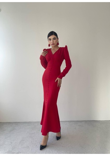 Deren Uzun Kırmızı Düğme Detay Elbise fiyatları