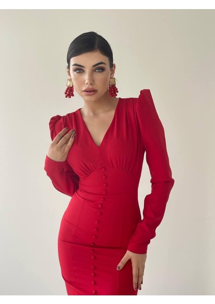 Deren Uzun Kırmızı Düğme Detay Elbise modelleri