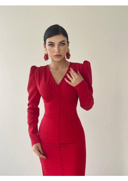 Deren Uzun Kırmızı Düğme Detay Elbise fırsatları