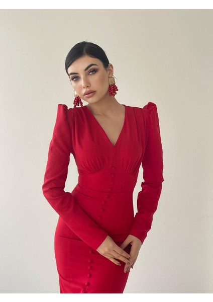 Deren Uzun Kırmızı Düğme Detay Elbise indirimleri