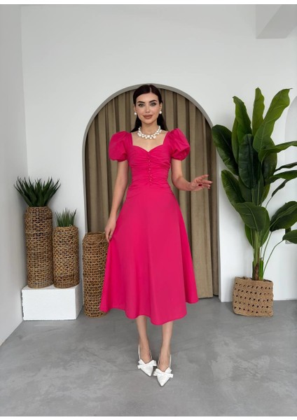 Poplin Düğmeli Midi Boy Elbise fırsatları