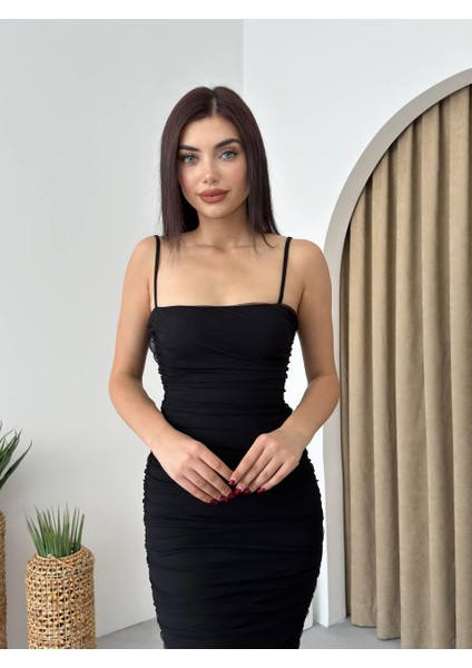 Askılı Drapeli Tül Midi Elbise