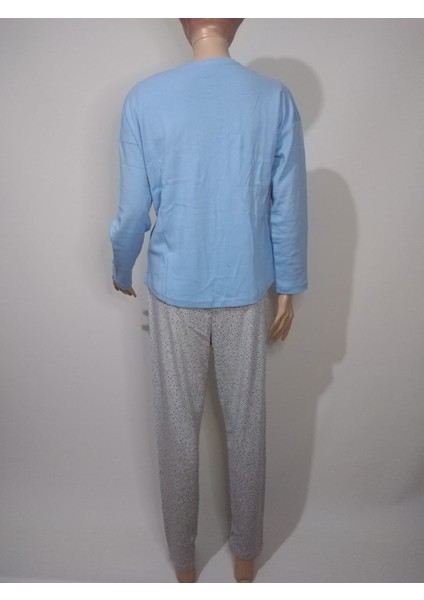 Kadın Mavi Yuvarlak Yaka Oval Etek Düşük Uzun Kol Pamuklu Pijama Takımı modelleri