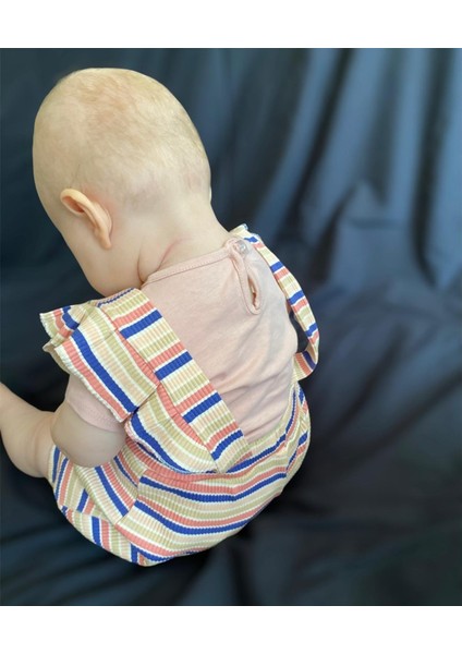 Miki Baskılı Çizgili Düğmeli Badili Yazlık Kız Bebek Salopet Tulum