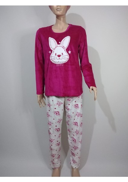 Kadın Şerabe Kadife Yuvarlak Yaka Uzun Kollu Tavşan Desenli Pijama Takımı % 76 Pamuk