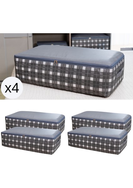 4 Adet Mega Boy Kare Desenli Ekose Gri Baza Altı Yastık Yorgan Kıyafet Düzenleyici Hurç Seti 75X40X20 cm fiyatları