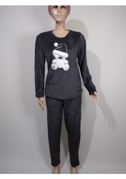 Kadın Antrasit Kadife Yuvarlak Yaka Uzun Kollu Pijama Takımı % 76 Pamuk