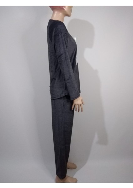 Kadın Antrasit Kadife Yuvarlak Yaka Uzun Kollu Pijama Takımı % 76 Pamuk fiyatları