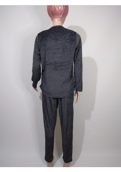 Kadın Antrasit Kadife Yuvarlak Yaka Uzun Kollu Pijama Takımı % 76 Pamuk modelleri