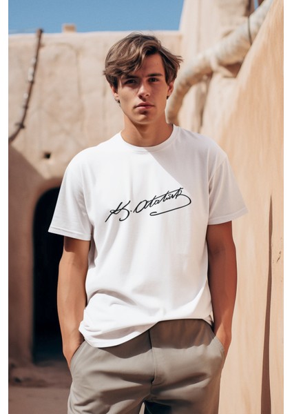 Stıl-X Atatürk Imza Baskılı Bisiklet Yaka, %100 Pamuklu, Standart Kalıp Erkek Tshırt