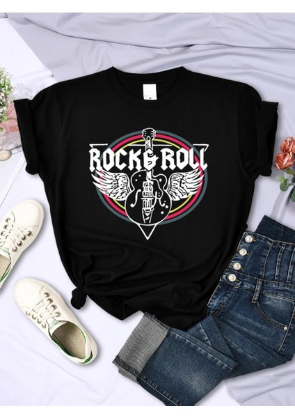 Stıl-X Rock & Roll Baskılı, Bisiklet Yaka, %100 Pamuklu, Standart Kalıp, Unısex Tshırt