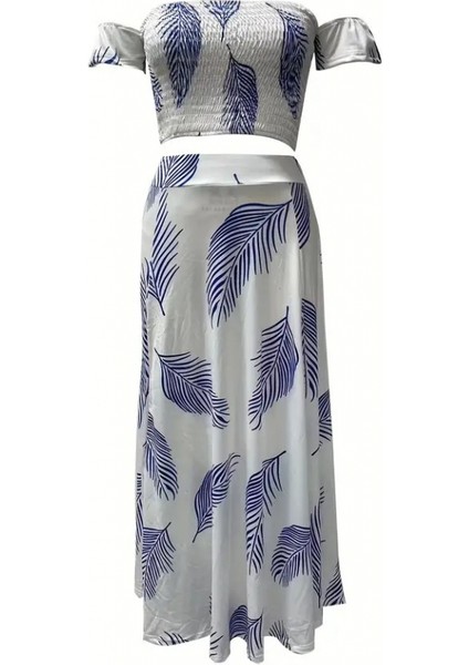 Kadın Kısa Kollu Madonna Yaka Gipeli Yaprak Baskılı Bluz ve Etek Süprem Takım fırsatları