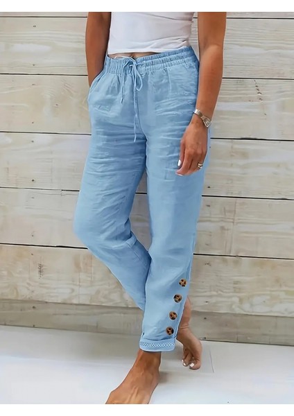 Kadın Paçası Güpür Detay Beli Lastikli Keten Pantolon