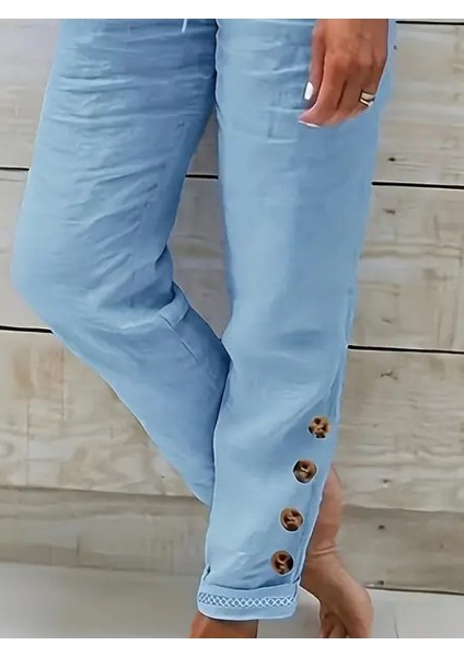 Kadın Paçası Güpür Detay Beli Lastikli Keten Pantolon fiyatları