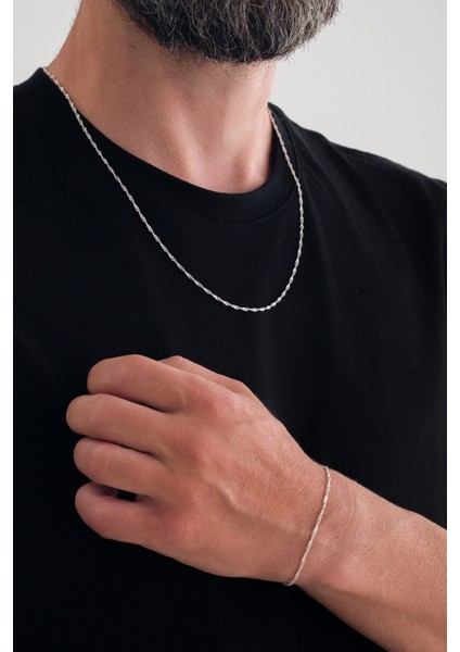 925 Ayar Gümüş Zincir 1.5mm Singapur Kolye Bileklik Set