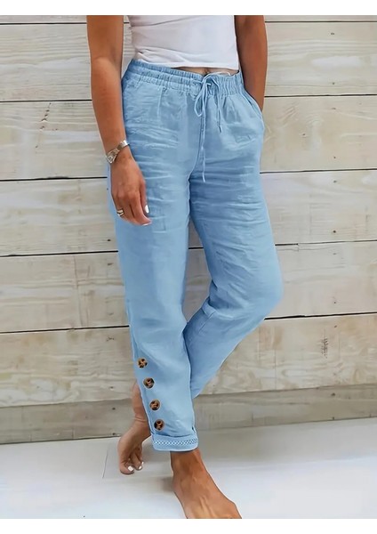 Kadın Paçası Güpür Detay Beli Lastikli Keten Pantolon