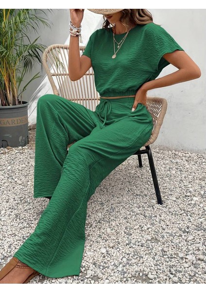 Amoricgiyim Kadın Kısa Kollu Crop Bluz Beli Lastikli Bol Paça Bürümcük Pantolon fırsatları