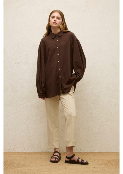 Pamuklu Balon Kol Gömlek Kahverengi