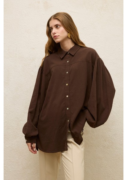 Pamuklu Balon Kol Gömlek Kahverengi modelleri