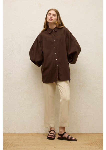 Pamuklu Balon Kol Gömlek Kahverengi indirimleri