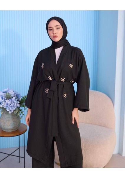 Arl Moda Taş Detaylı Kuşaklı Keten Kumaş Alt-Üst Kimono Takım