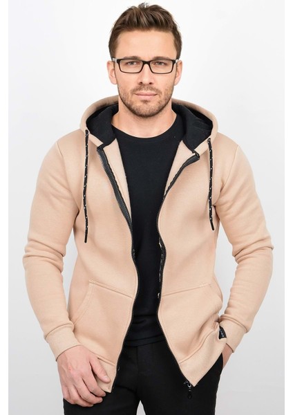 Üç Iplik Şardonlu Pamuklu Fermuarlı Kapüşonlu Sweatshirt Hırka Bej CZN03